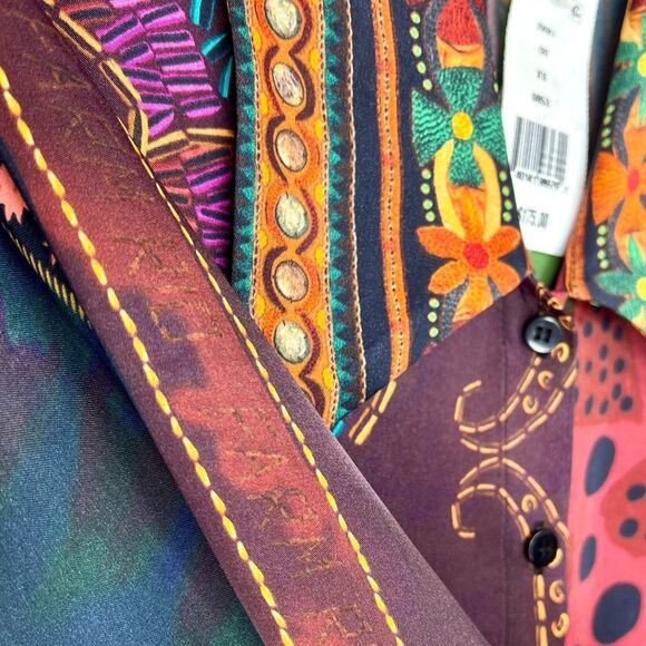 Farm Rio Mixed Scarves Button-Up Shirt NWT With Crop Alteration Size X-Small - Picture 8 of 9